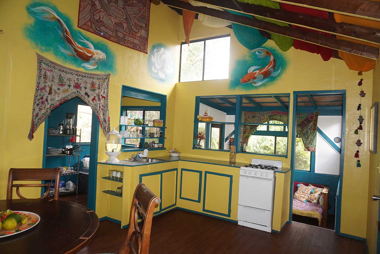 View of cooking and meal prep area of the Community Kitchen with paintings of coi fish on the walls at Earthsong Foundation Hawaii